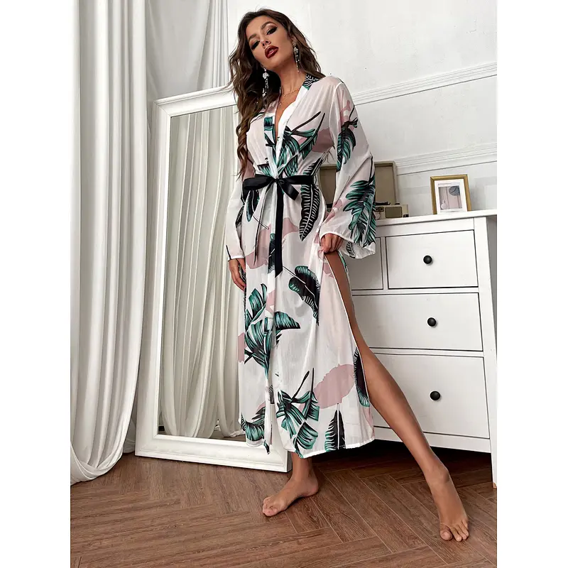 Elegant Long Sleeve Bathrobe Jungle Leaf Print Robe Femme Belted Night Robes Women