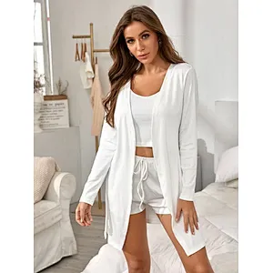 OEM Rib Knitted Loungewear Belted Robe & Cami Top & Drawstring Shorts Women pajamas