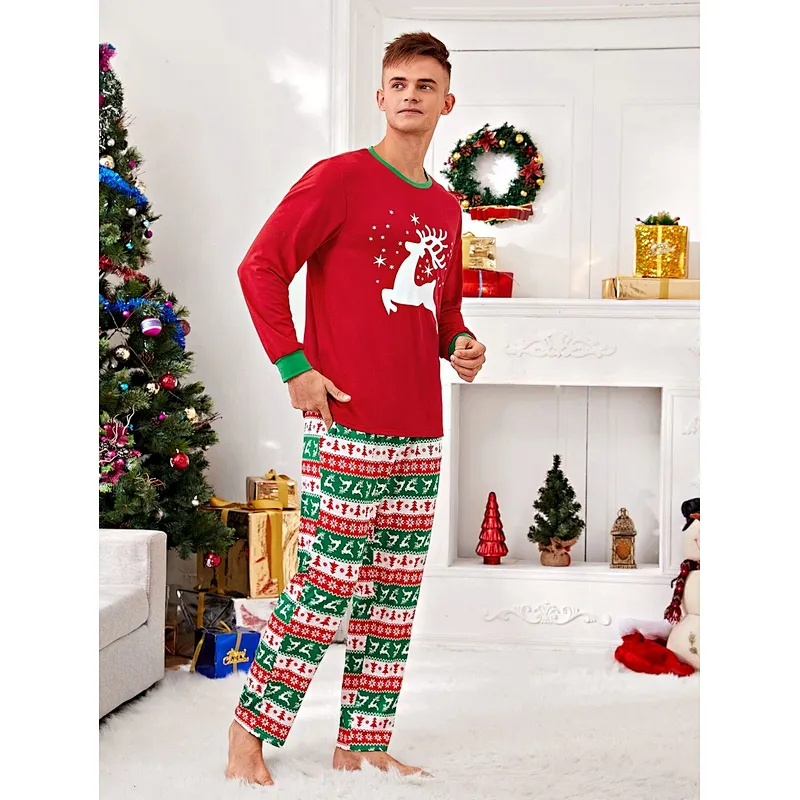 XMAS Holiday Men Sleepwear Custom Print Contrast Binding PJ Set Men Christmas Pajamas