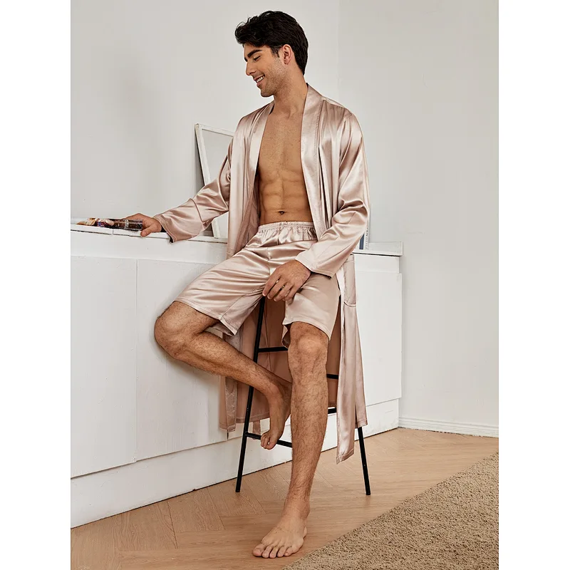Designer Robe Shorts Sets For Men Solid Luxury Belted Custom Bath Robe Solid Spa Silk Men's Robe