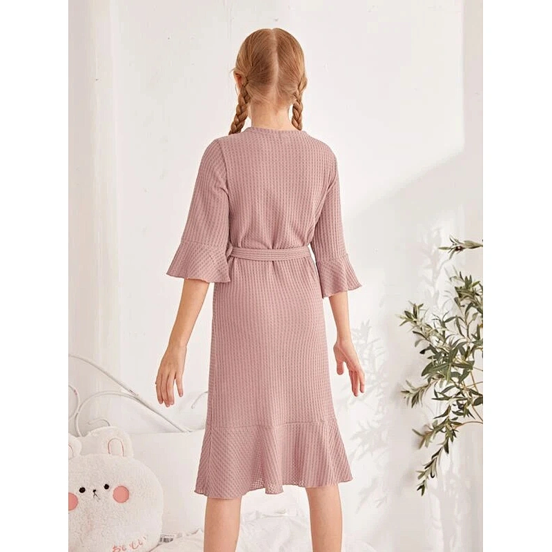 Waffle Knit Ruffle Children Sleepwear Robe Waffle Cotton Kids Girls Bath Robes