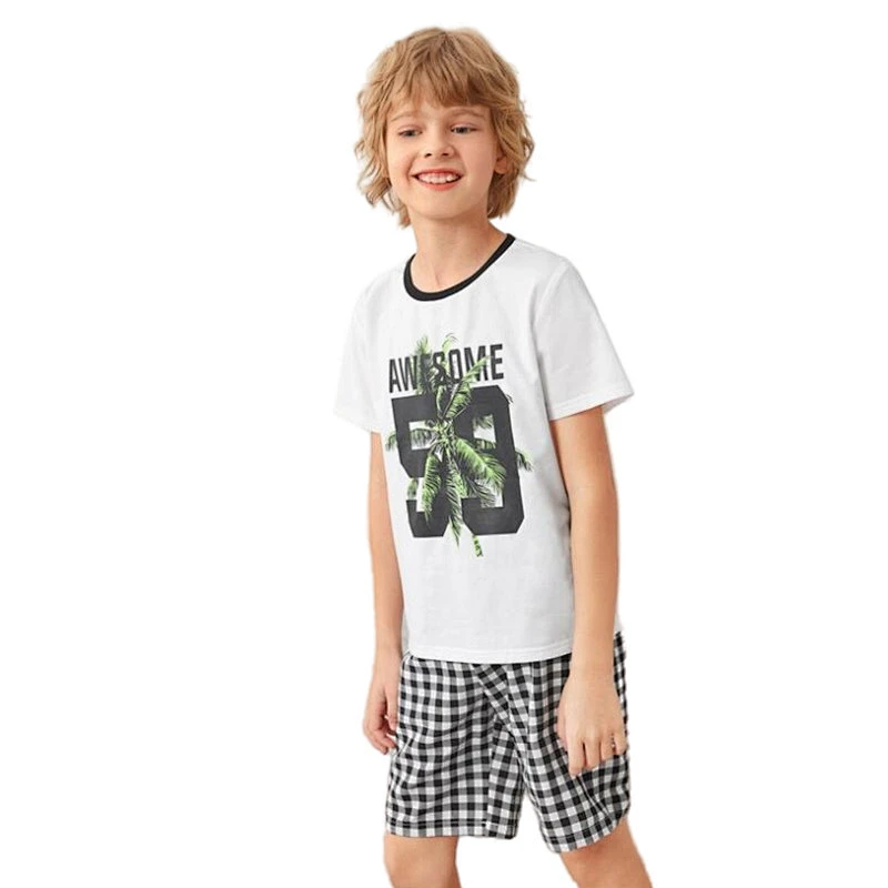 Tropical Print Top Shorts Sleepwear Pajama Sets Knit 100% Cotton Custom Children Pjs Toddler Boy Summer Kids Pyjamas