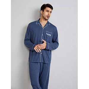 Letter Graphic Contrast Piping Pj Set Mens Pajamas Cotton Pajamas Sets Men