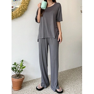 Pajamas Short Sleeve Long Pants Solid Tee Bamboo Viscose Women Sleepwear With Pants Women Bamboo Viscose Pajamas