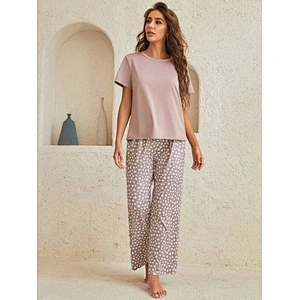 Solid Tee & Confetti Heart Print Pants Lounge Set  Casual Pyjama Wholesale Women Loungewear