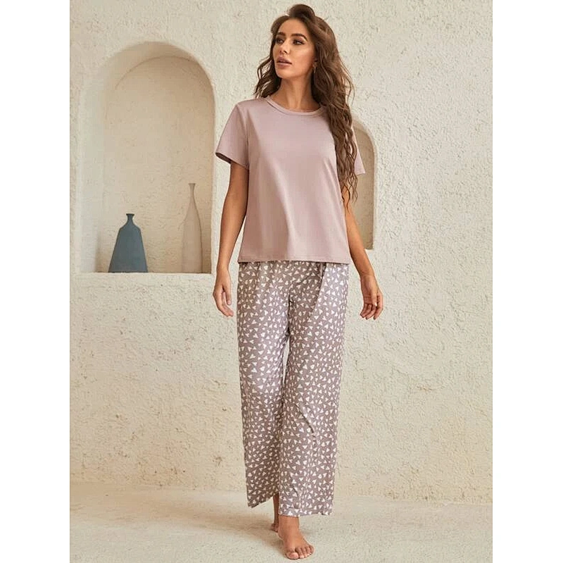 Solid Tee & Confetti Heart Print Pants Lounge Set  Casual Pyjama Wholesale Women Loungewear