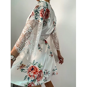 Spring Summer Floral Print Luxury Silk Robes Contrast Eyelash Lace Belted Satin Robe