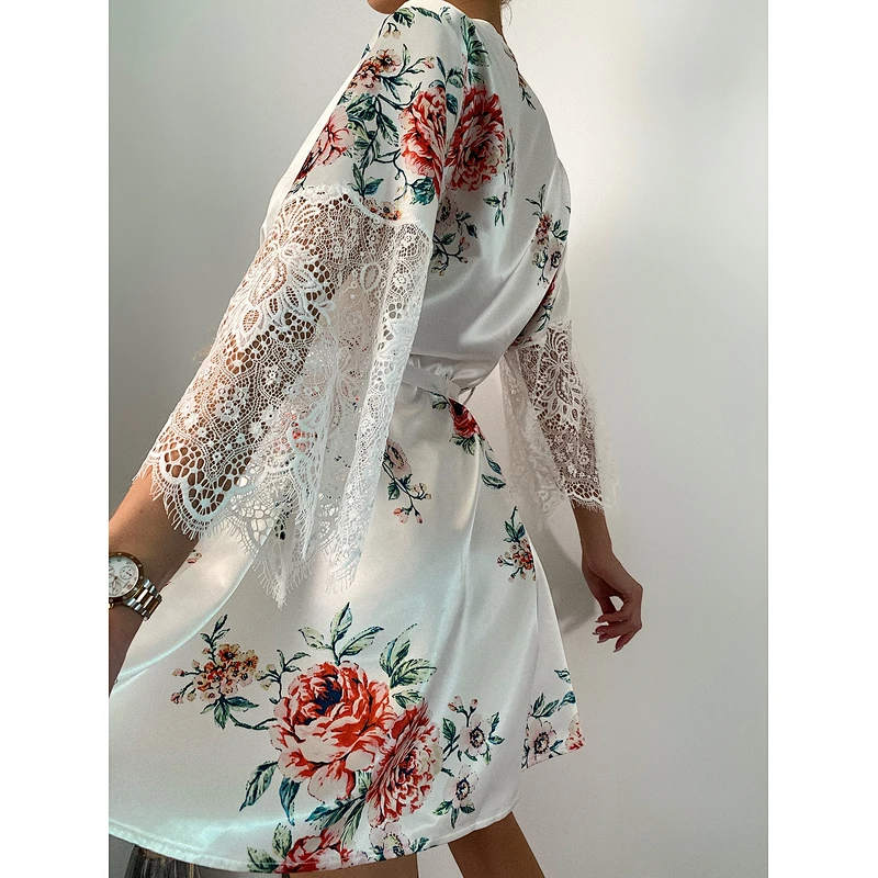 Spring Summer Floral Print Luxury Silk Robes Contrast Eyelash Lace Belted Satin Robe