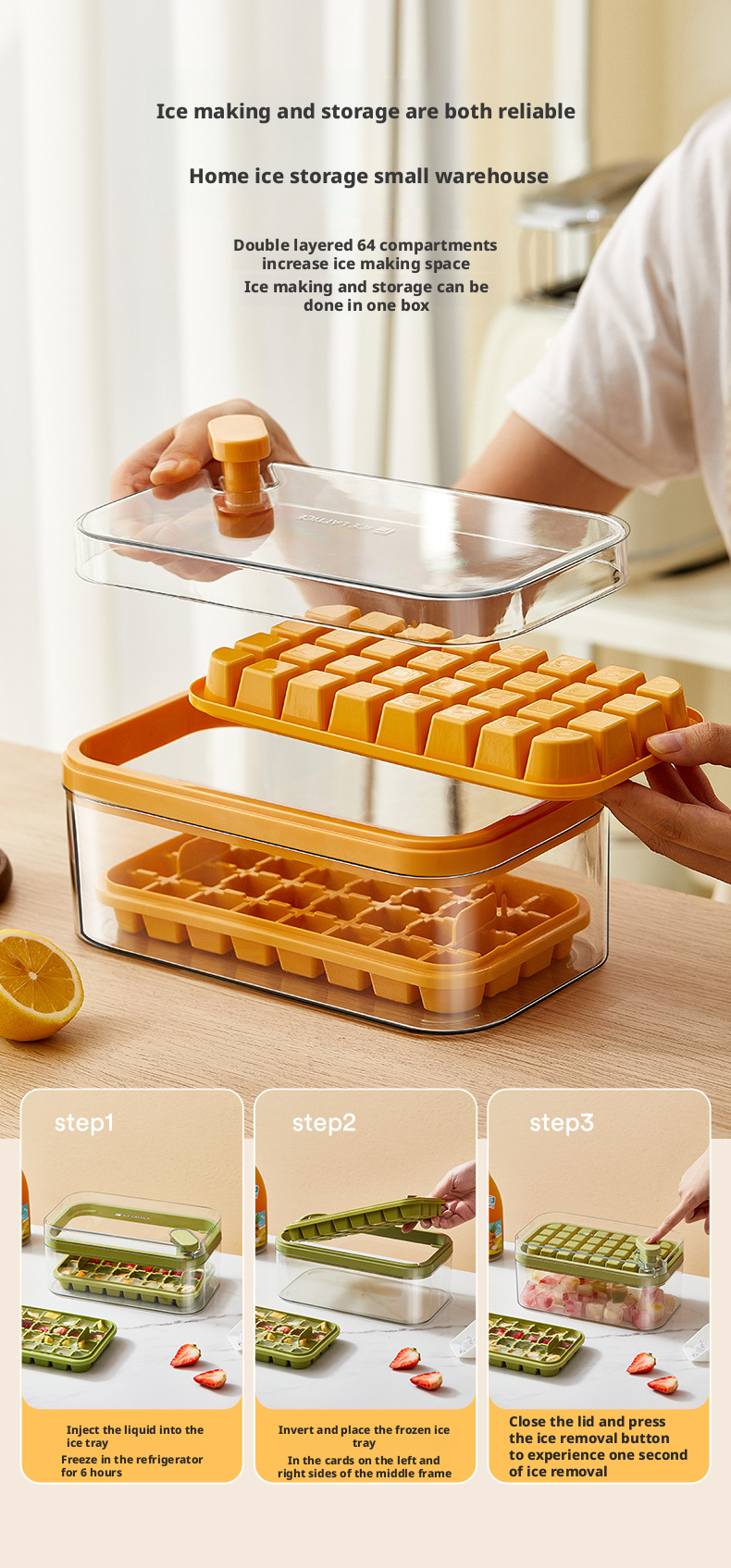 One-Click Ice Removal Ice Cube Container