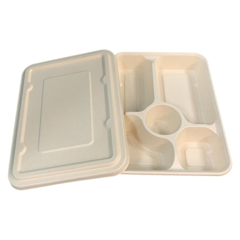 5Compartment Biodegradable Bagasse Takeaway Tray with Lid
