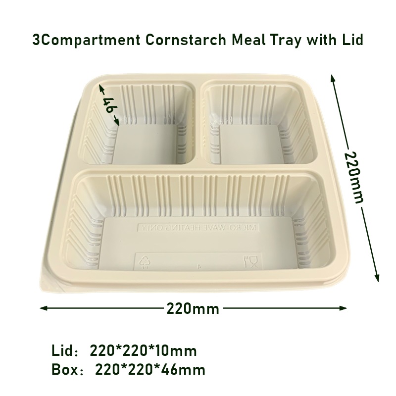 3Compartment Disposable Cornstarch Meal Tray Takeaway Lunch Box with Lid