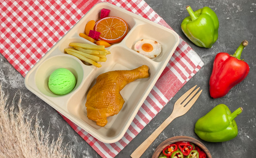 5 Compartment Food Trays Biodegradable Sugarcane Bagasse Tableware