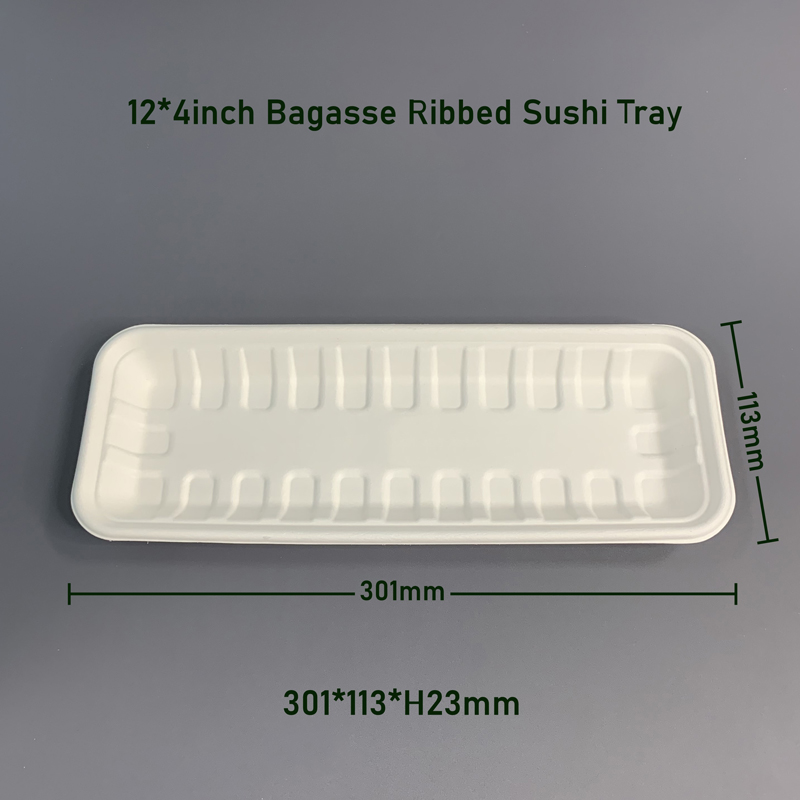 12*4inch Eco-Friendly Bagasse Sushi Party Tray Long Ribbed Tray