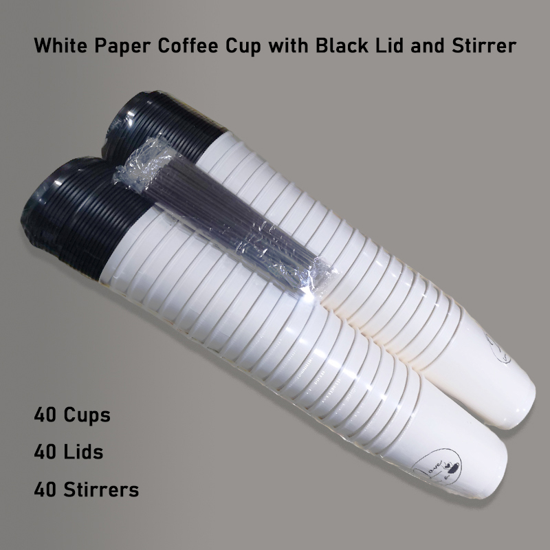 Disposable White Paper Coffee Cup with Black Dome Lid and Stirrer