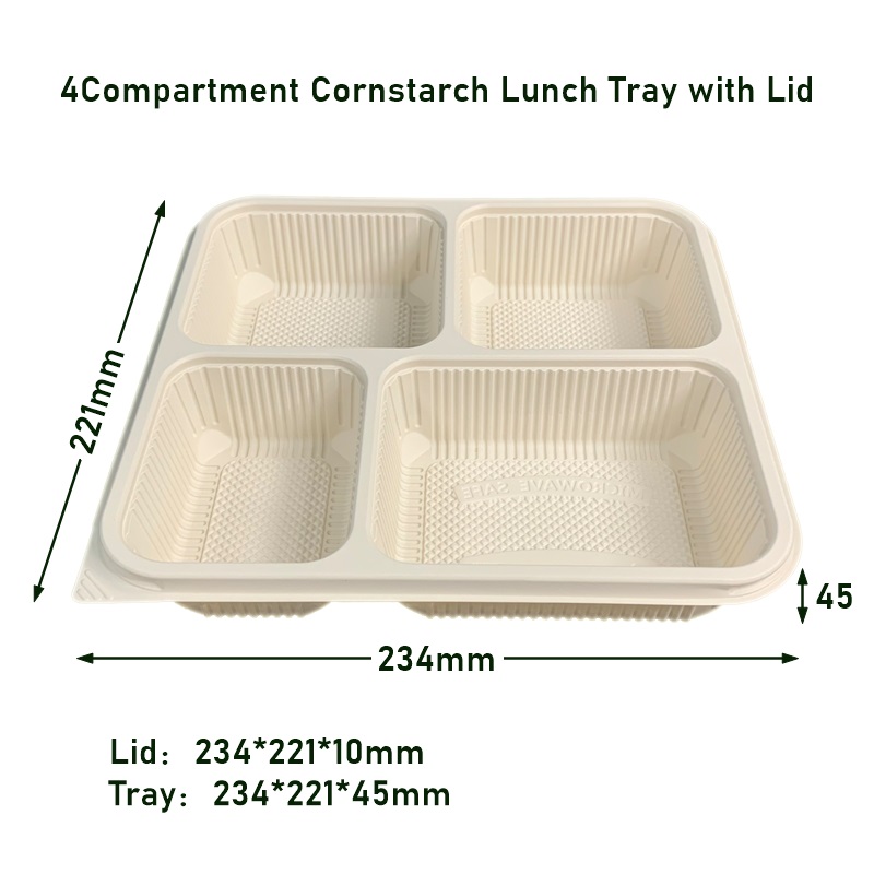 4Compartment Biodegradable Corn Starch Lunch Tray with Lid