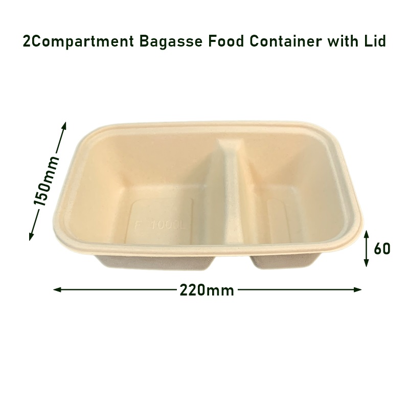 2Compartment Bagasse Food Containers Lunch Box with Lid