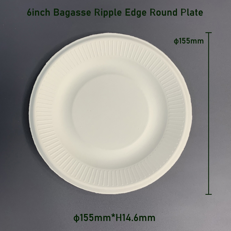 6-inch Compostable Sugarcane Bagasse Plate Ripple Edge Round Plate