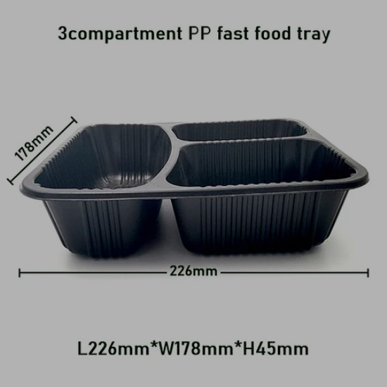 3 Compartments Black PP Plastic Fast Food Tray