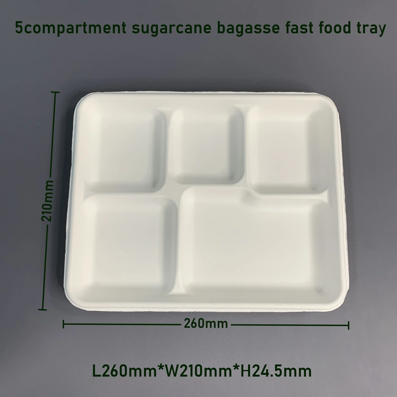 5compartment Sugarcane Bagasse Pulp Fast Food Tray