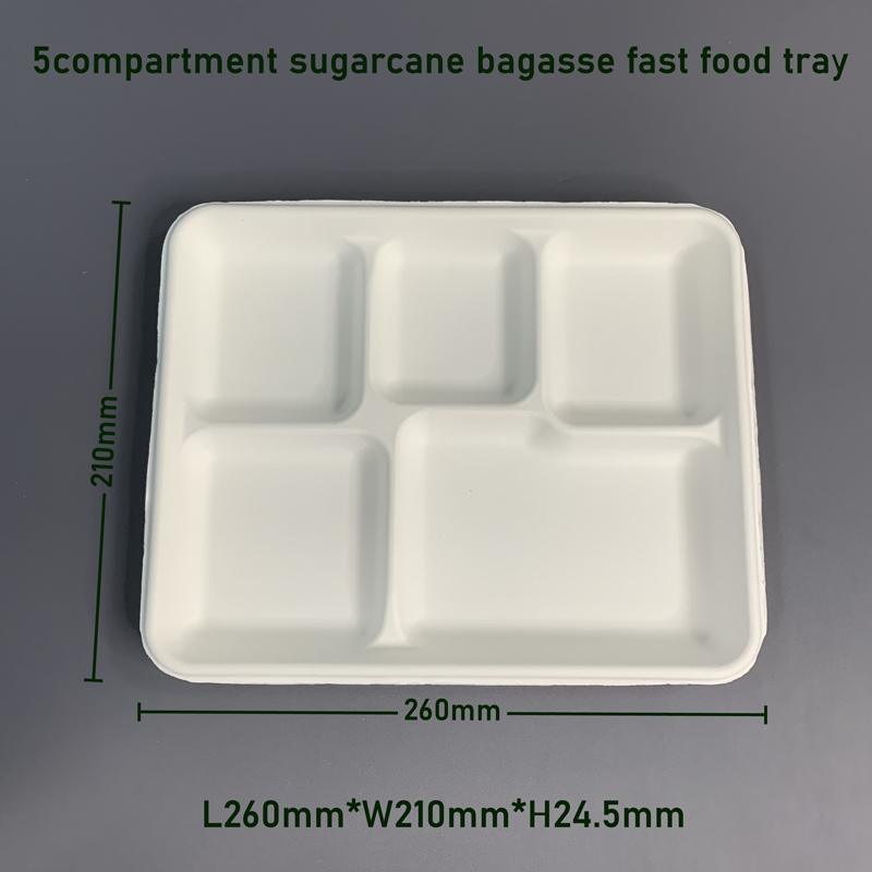 5compartment Sugarcane Bagasse Pulp Fast Food Tray