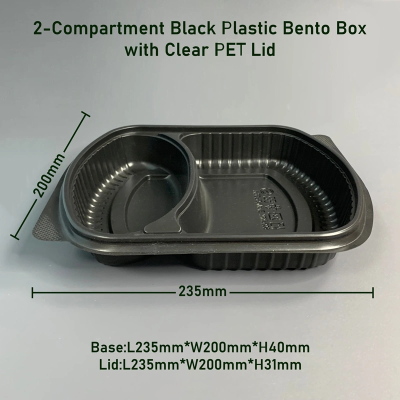 2-Compartment Black Plastic Bento Box with Clear PET Lid