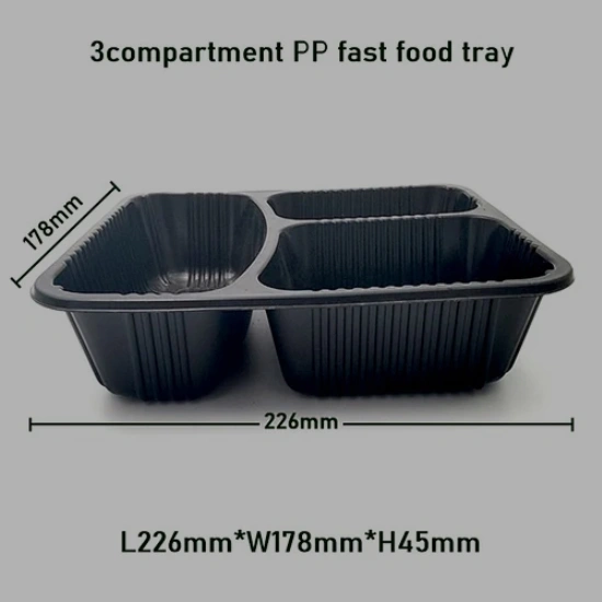 3 Compartments Black PP Plastic Fast Food Tray
