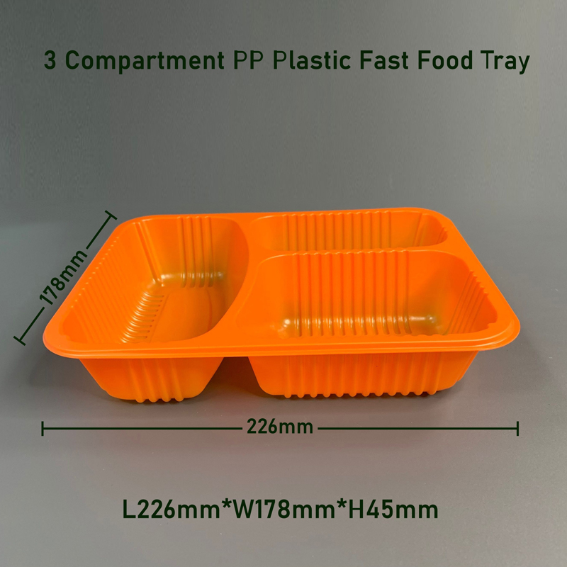 3 Compartments Orange PP Plastic Fast Food Tray