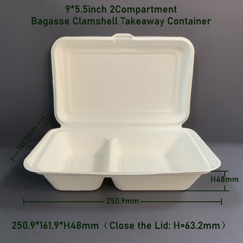 2Compartment Clamshell Bagasse Takeaway Containers