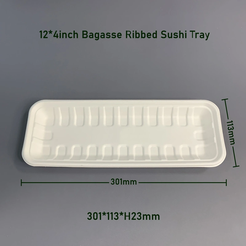 12*4inch Eco-Friendly Bagasse Sushi Party Tray Long Ribbed Tray