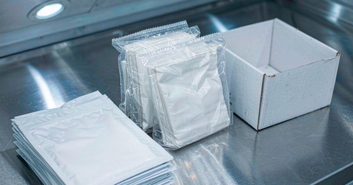 Sealed cleanroom wipe pouches, an outer carton and packaging components on a stainless steel bench in a controlled environment