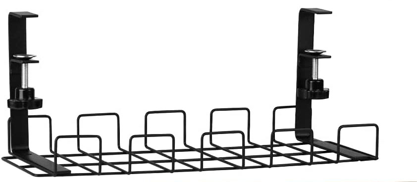 under desk wire basket tray keeps computer cables off the ground