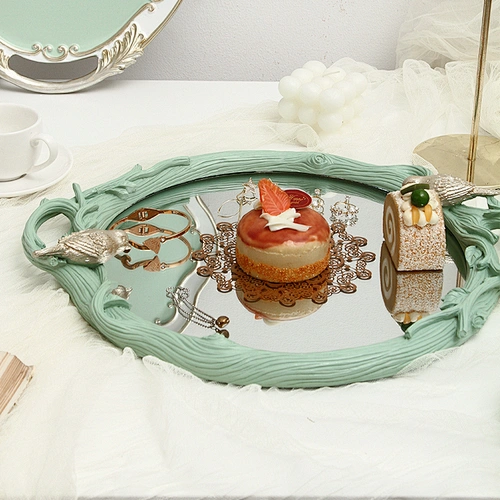 Bandeja de espejo decorativa retro, soporte de almacenamiento, plato de fruta, bandeja de tocador para perfume