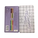 This pencil tin is made of sturdy metal and has a sleek, silver finish. Its compact design makes it perfect for on-the-go use or for storing in a desk drawer.
