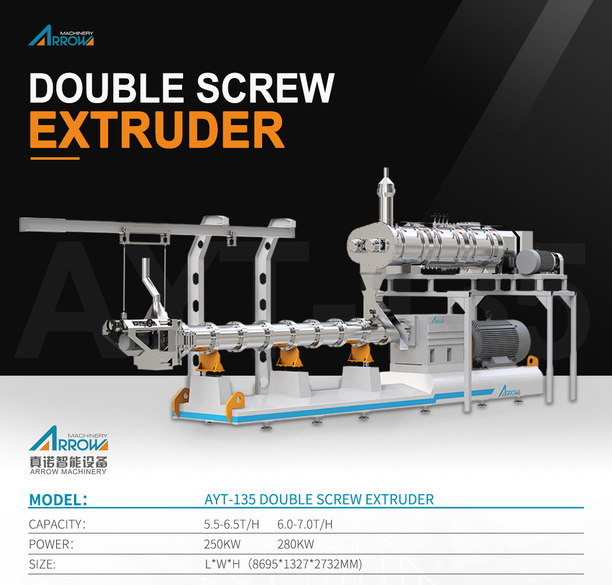 AYT-135 Double Screw Extruder, Fish Feed Making Machine, Feed Pellet Production Line, Fish Feed Extruder, FISH FEED MACHINE, Fish Feed Pellet Line, Fish Feed Pellet Machine, fish feed plant, Fish Feed Production Line, sinking extruded feed,