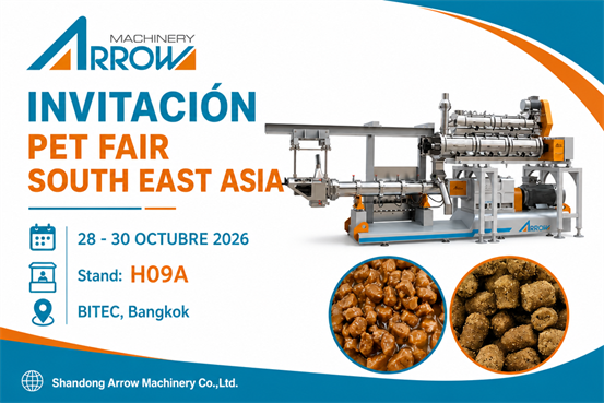 Extrusora de doble husillo y línea de producción de alimentos para mascotas de Shandong Arrow Machinery en la feria Pet Fair SEA 2026