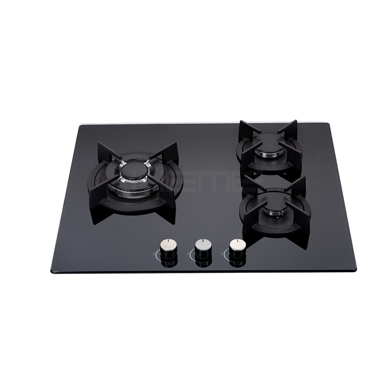 Built in Gas Hob Black Tempered Glass 3 Burner Auto Ignition 60 cm with Cast Pan Support