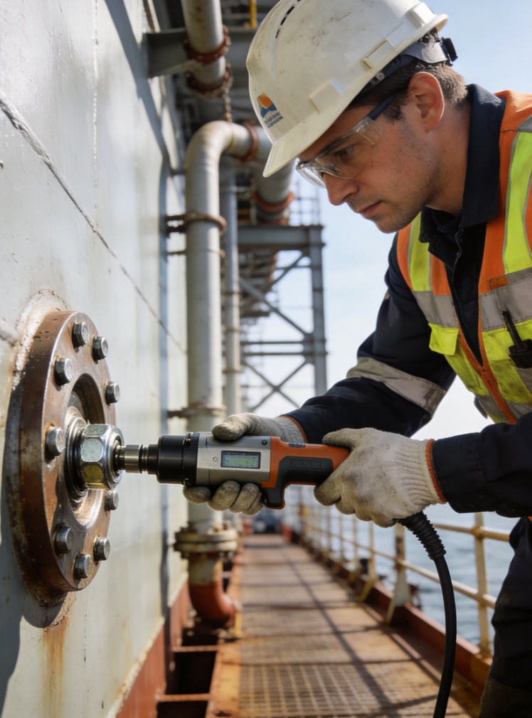 Marine engineer performing bolt preload inspection using hydraulic torque wrench on ship hull connection