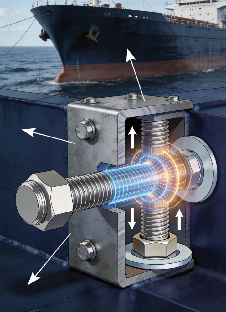 Cross-section diagram of ship hull bolted joint showing preload loss mechanism and tension force distribution