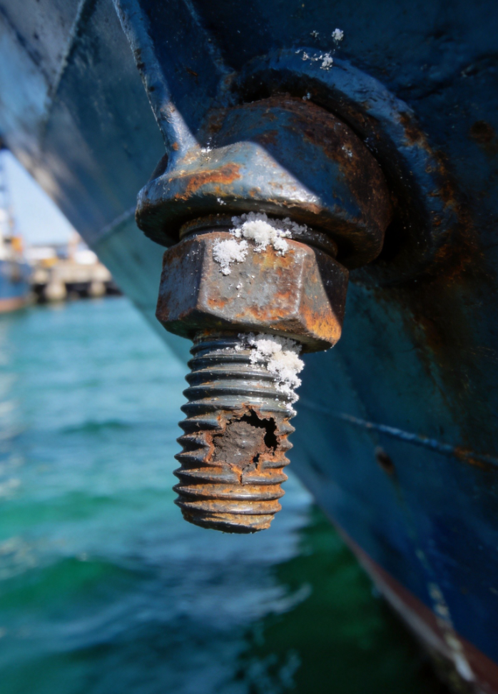 Corroded marine bolt connection on ship hull showing salt deposits and thread damage causing preload loss