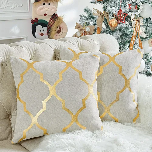 Linen Throw Pillow Covers Foil  Printed Pattern Durable Decorative Solid Cushion Covers Pillowcases for Couch Sofa Bedroom