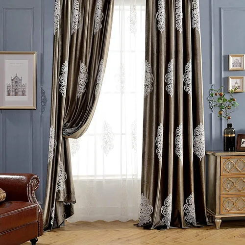 Super Soft Luxury Velvet Blackout Curtains White Flower Embroidered Soft Chocolate Brown Flannel Draperies for Living Room,