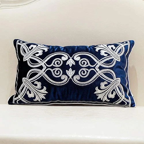 Luxury Velvet Home Decorative Embroidery Petunias Pillow Case Pillowcase for Sofa Chair Bedroom Living Room, Navy Blue