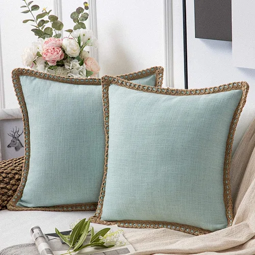 Decorative Throw Pillow Covers Burlap Linen Trimmed Tailored Edges Light Turquoise