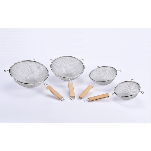 Double mesh strainer with wooden handle