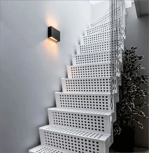 perforated metal stairs with pure white finish