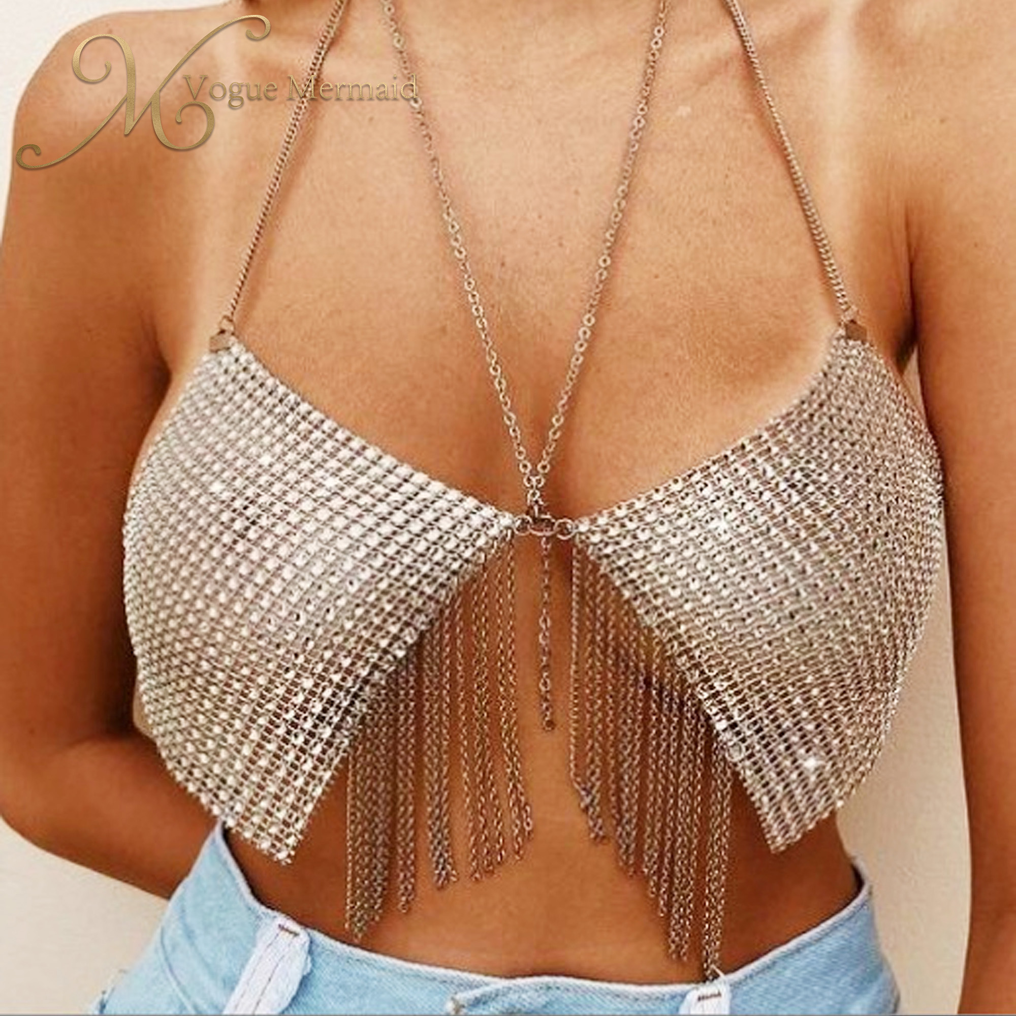 metal chain rhinestone fringe top