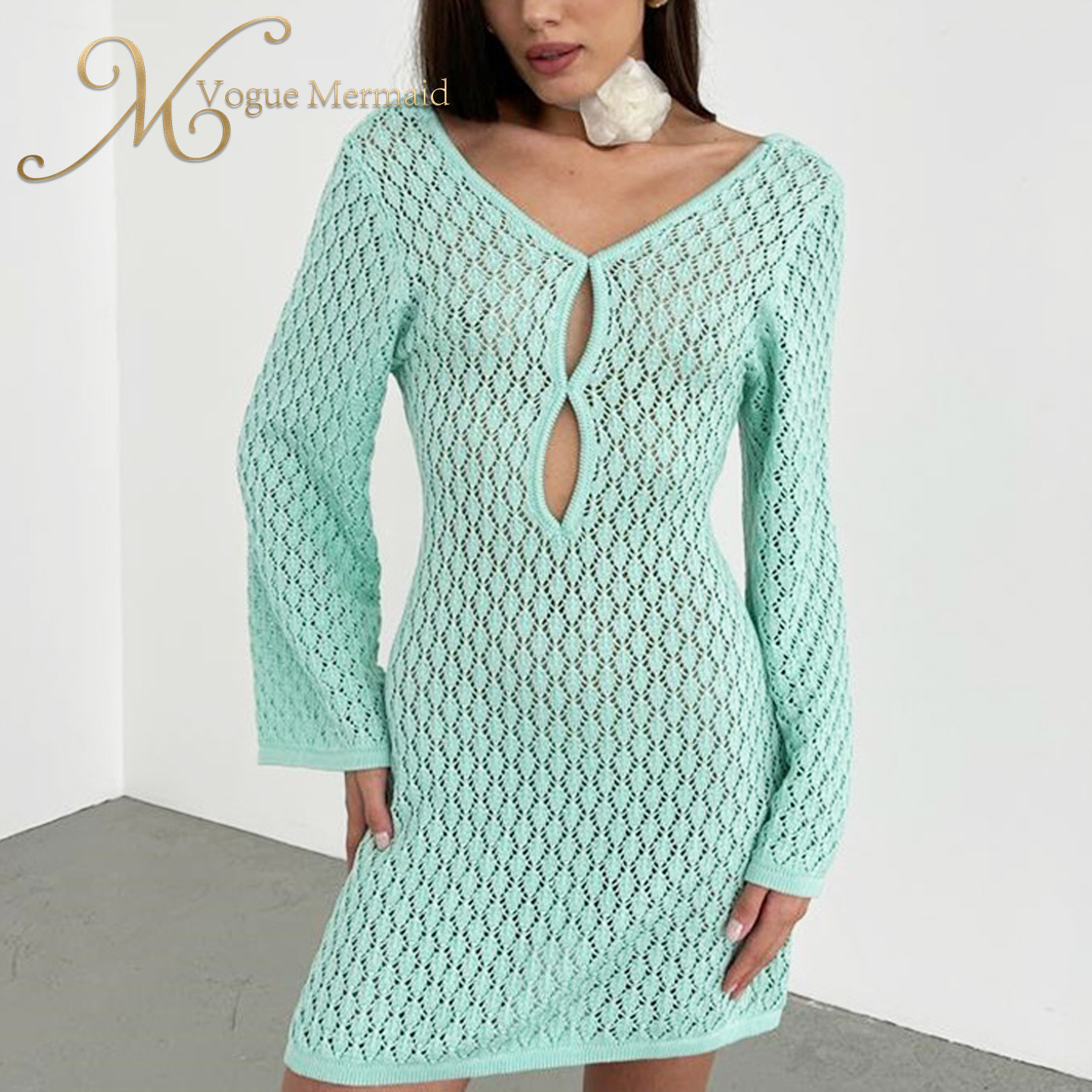 mint green crochet mini dress