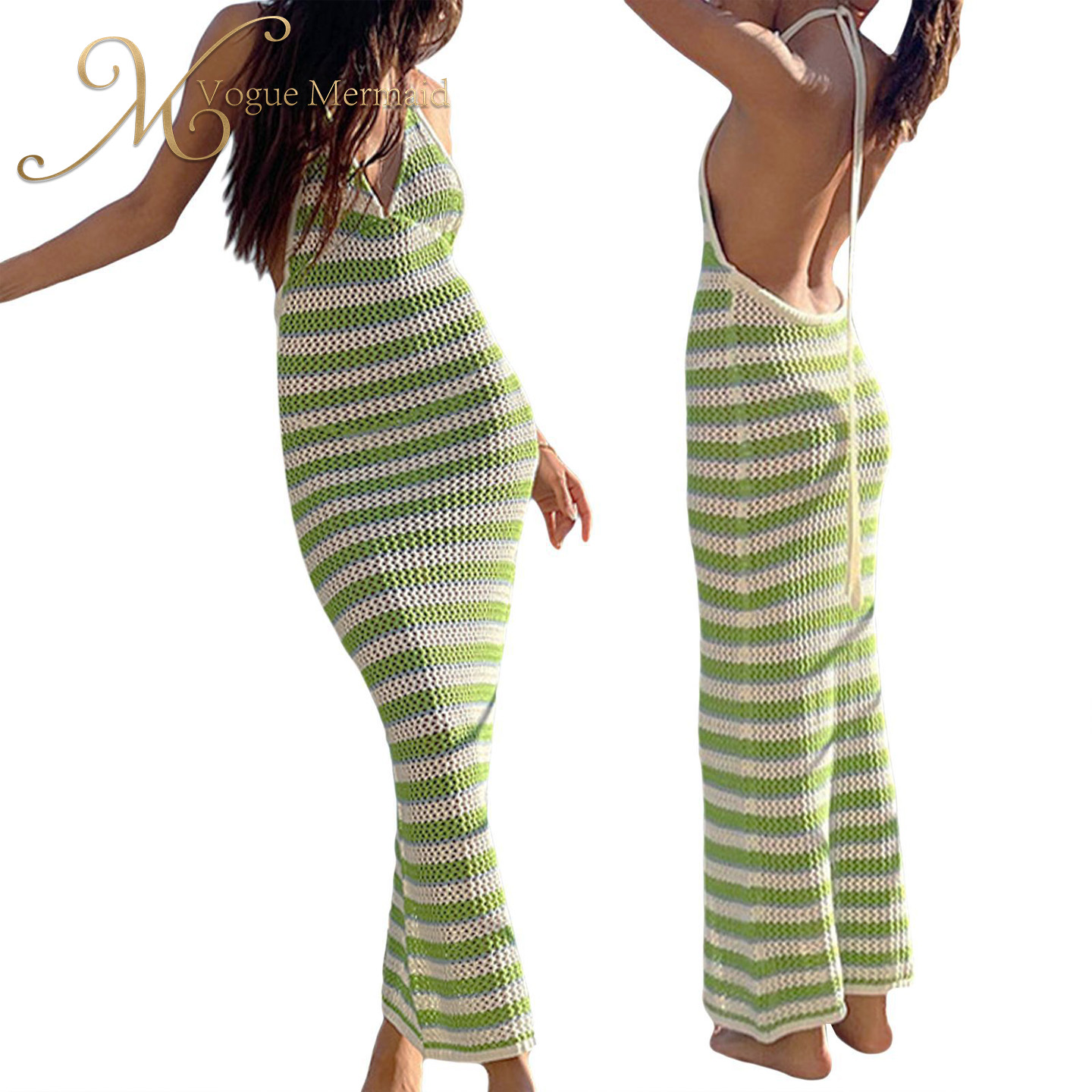 backless green crochet dress