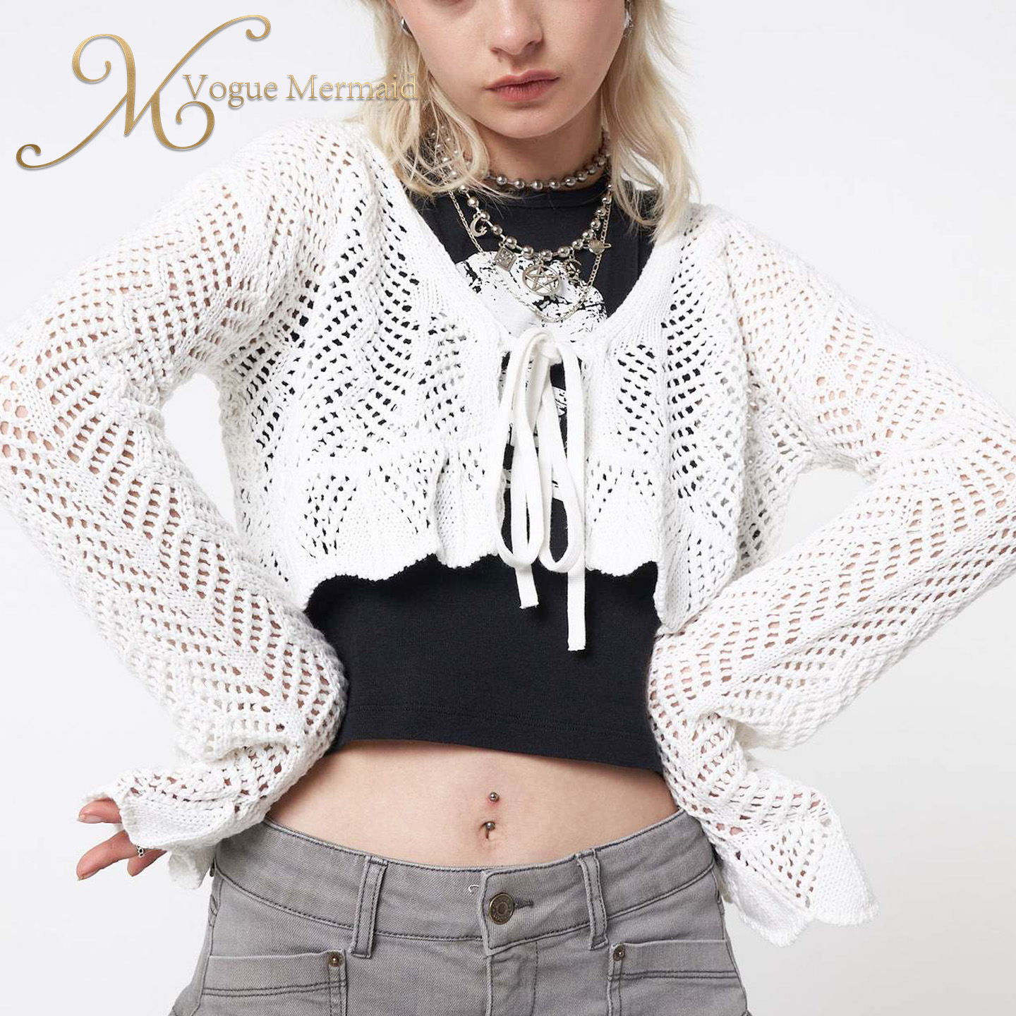 white long sleeve crochet top