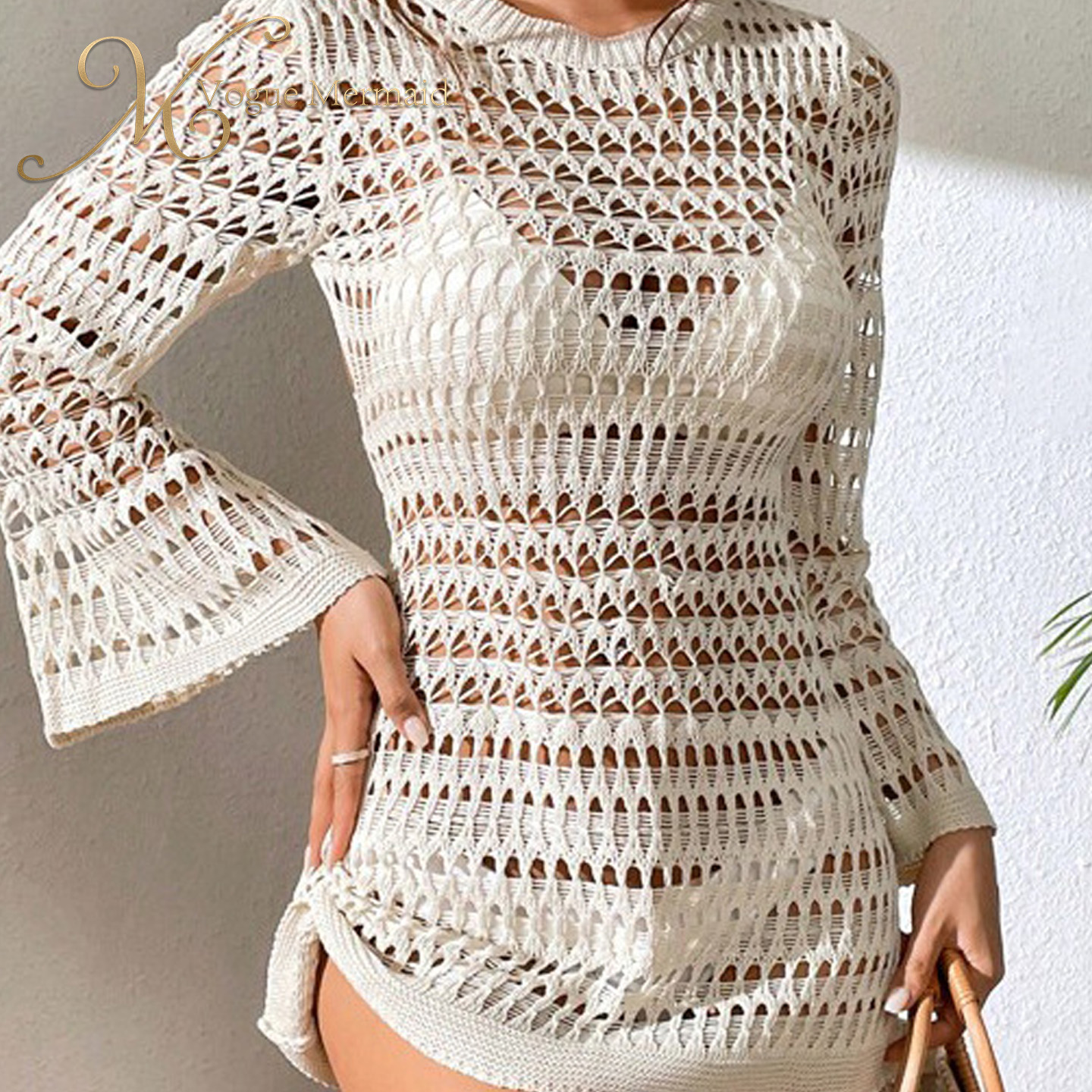 polyester long sleeve crochet dress